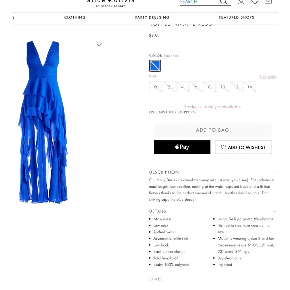 Alice + Olivia Holly Low Neck Asymmetric Ruffle Sapphire Blue Maxi Dress - Picture 3 of 12